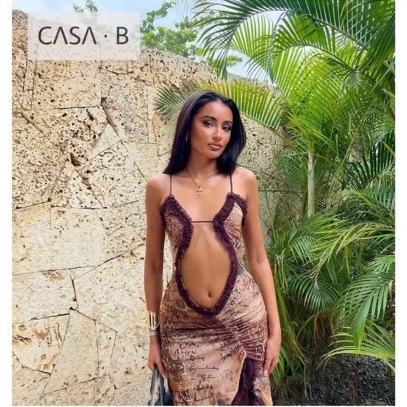 NEW to CASA B💫|Seraphina Sheer Cut-Out Frill Leopard Script Print Maxi dress - Picture 4 of 17